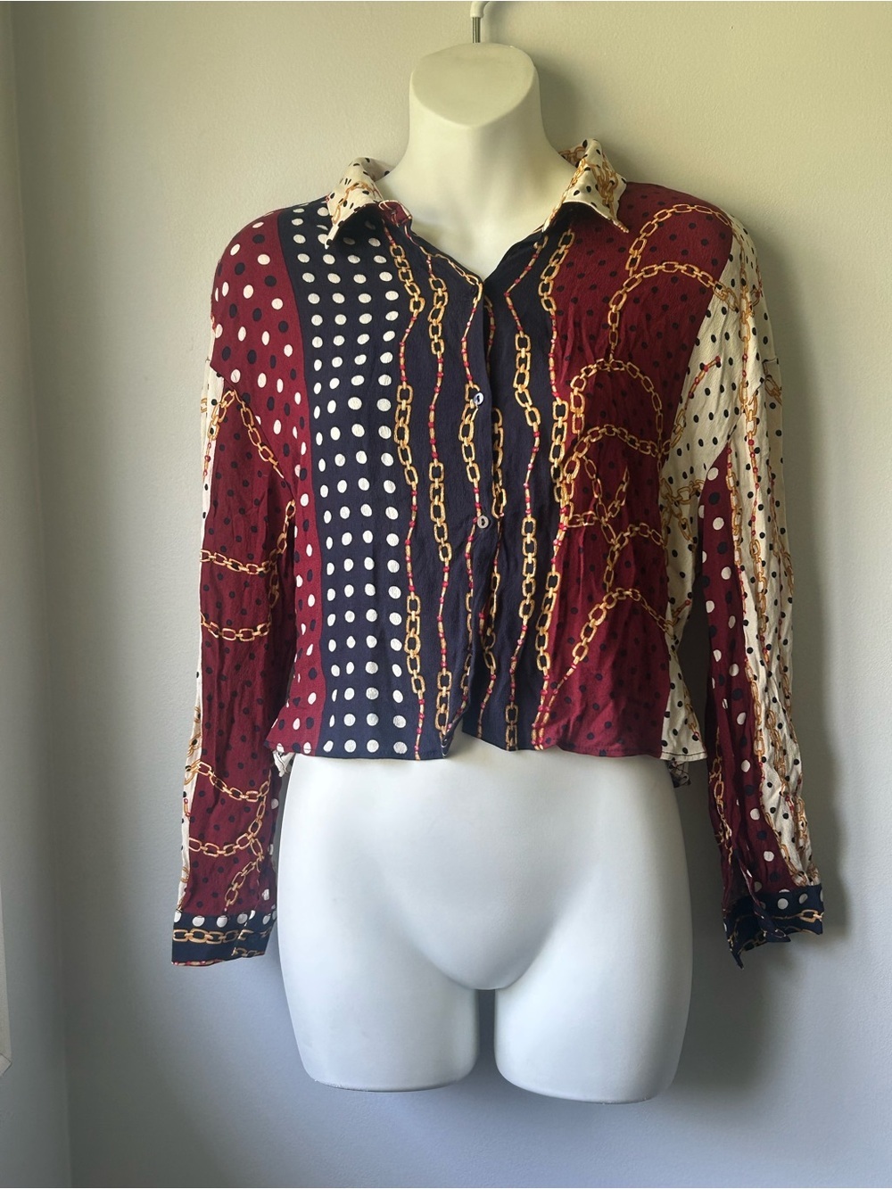 Mixed Print Button-Down Blouse in Burgundy, Navy & White - Picture 2 of 10